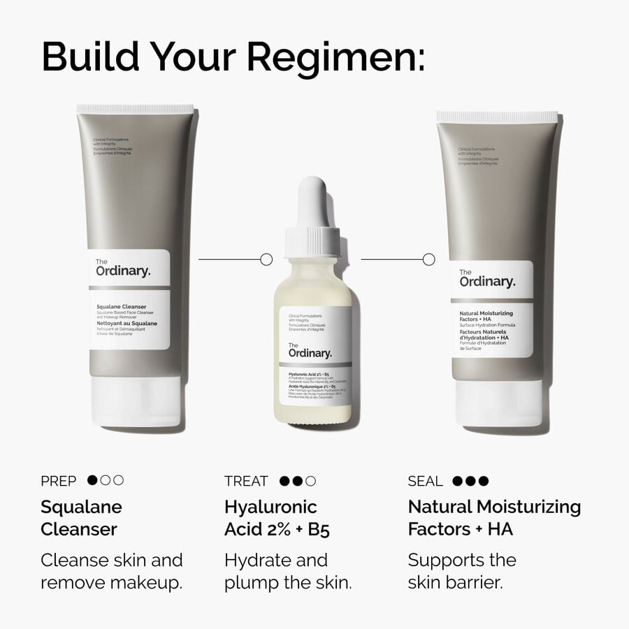 Build an everyday regimen with Squalane Cleanser, Hyaluronic Acid 2% + B5, and Natural Moisturizing Factors + HA
